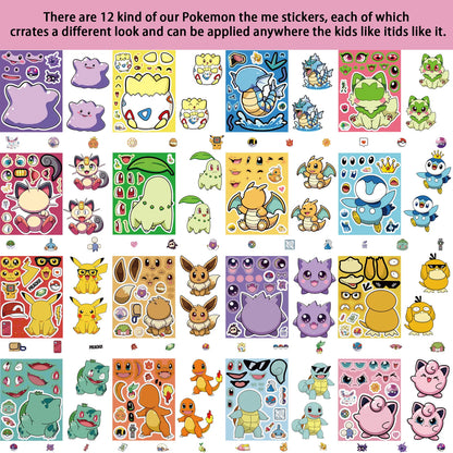 16-Sheet Pokémon Make-a-Face Puzzle Stickers - Pikachu & Charizard DIY Cartoon Matching Game for Kids