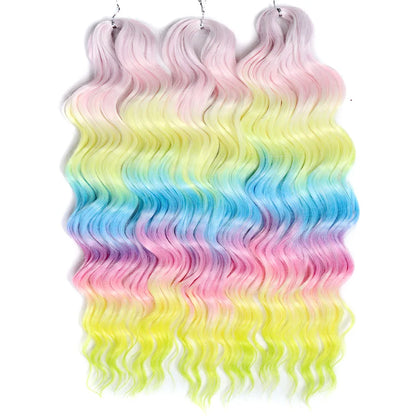 FASHION IDOL 24" Deep Wave Crochet Hair - 3-Piece Synthetic Water Wave Braiding Extensions, Ombre Rainbow Twist Hair