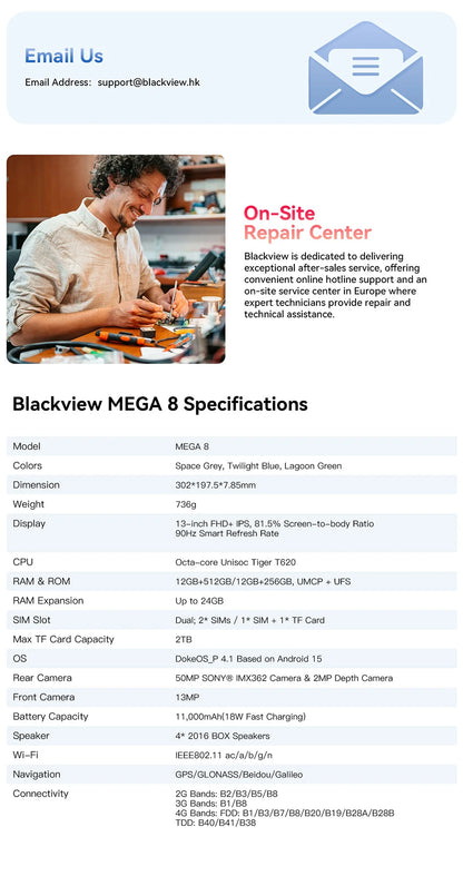 Blackview MEGA 8 Tablet – 13" FHD+ 90Hz Display, 11000mAh, Android 15, 50MP Camera, 4 Speakers, 4G Pad PC