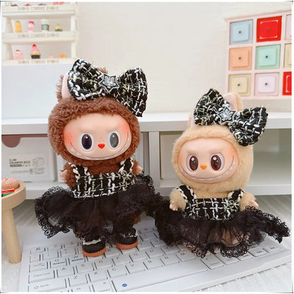 Labubu Doll Accessories — 17cm Luxury Woolen Shawl Suit & Skirt Set with Messenger Bag & Loafers