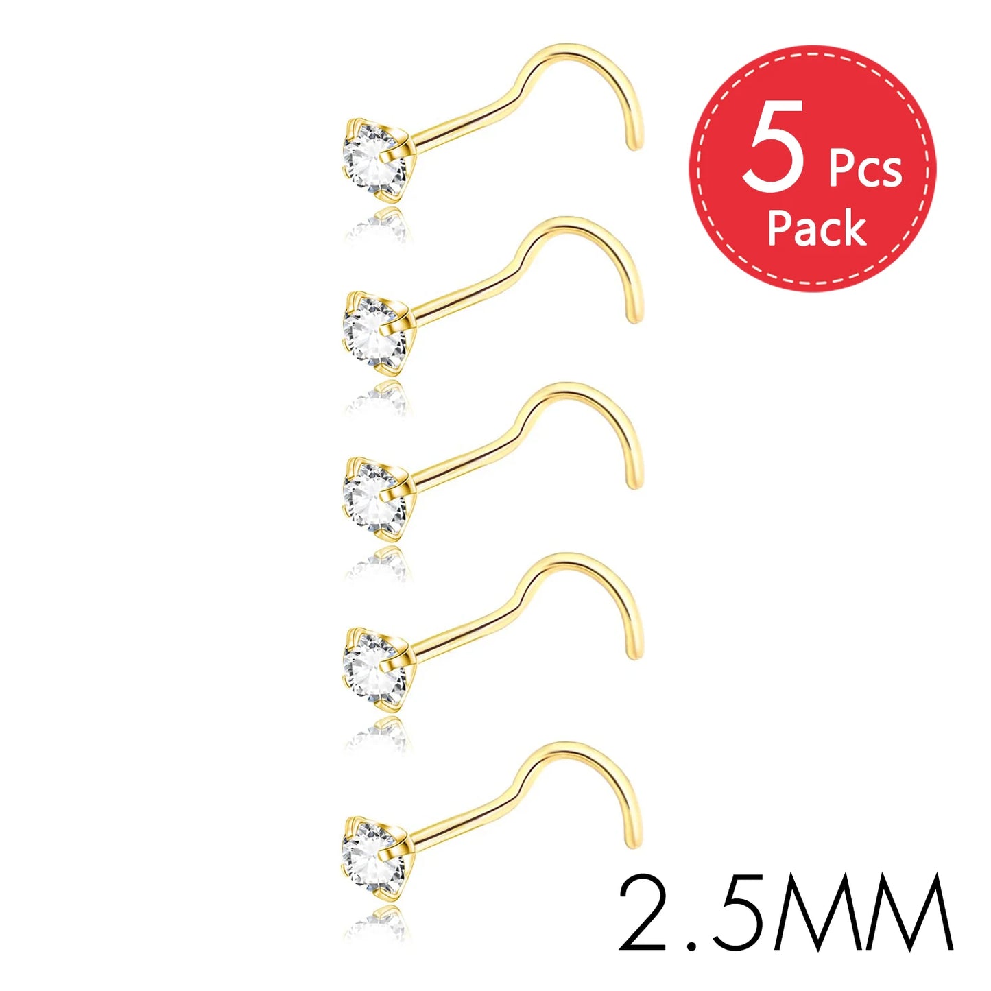5PCS Stainless Steel Nose Ring Studs — Crystal Nostril Piercing Jewelry for Women & Girls, 1.5/2.0/2.5/3.0mm, 20G
