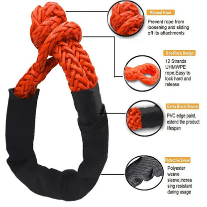 Synthetic Soft Shackle Rope | Heavy Duty Offroad 4X4 Tow Strap | Shatter Resistant | Protective Sleeve & Recovery Ring Included