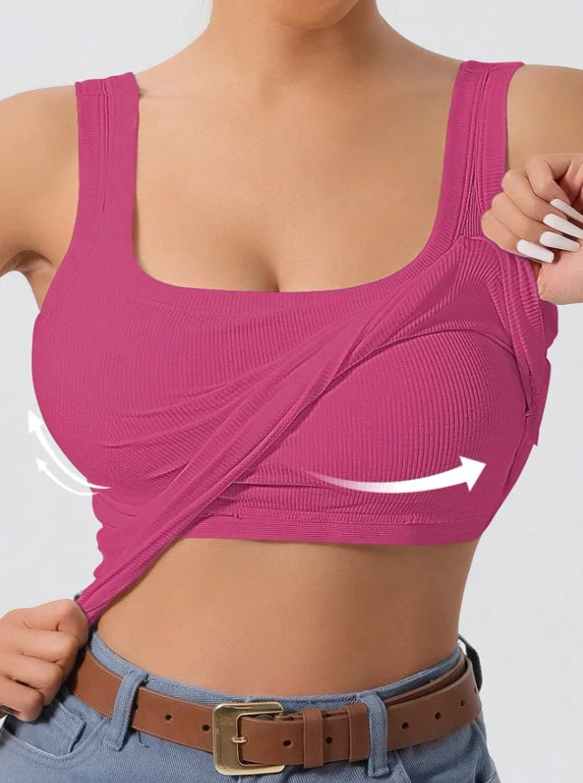 Women's Ribbed One-Piece Tank Top - Built-In Bra Square Neck Slim Fit Summer Bodysuit