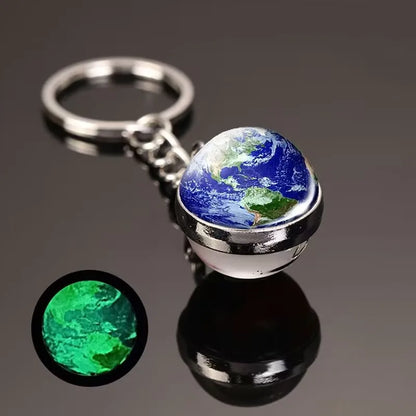 Glow in the Dark Solar System Keychain – Luminous Nebula Planet Key Ring with Moon, Earth, Sun, Double-Sided Glass Ball