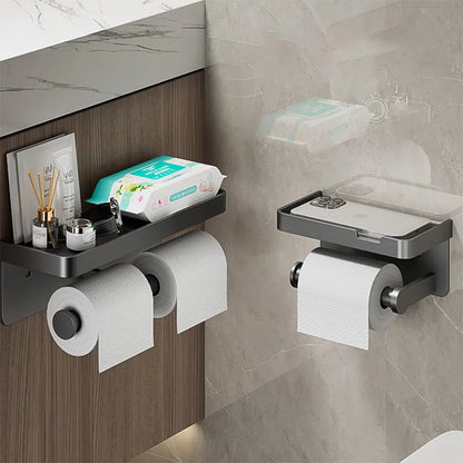 Large Wall-Mounted Toilet Paper Holder with Storage Tray and Phone Stand - Bathroom Accessories, Toilet Organizer