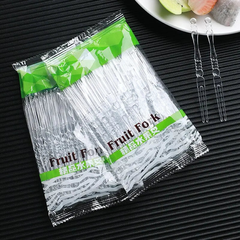 100pcs Disposable Transparent Packaging for Household Plastic Fruit Skewers with Small Forks