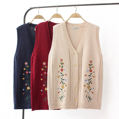 Plus Size Women's Embroidered Hollow Knit Sweater Vest – V-Neck Cardigan, Casual Autumn Fashion, E2 3023