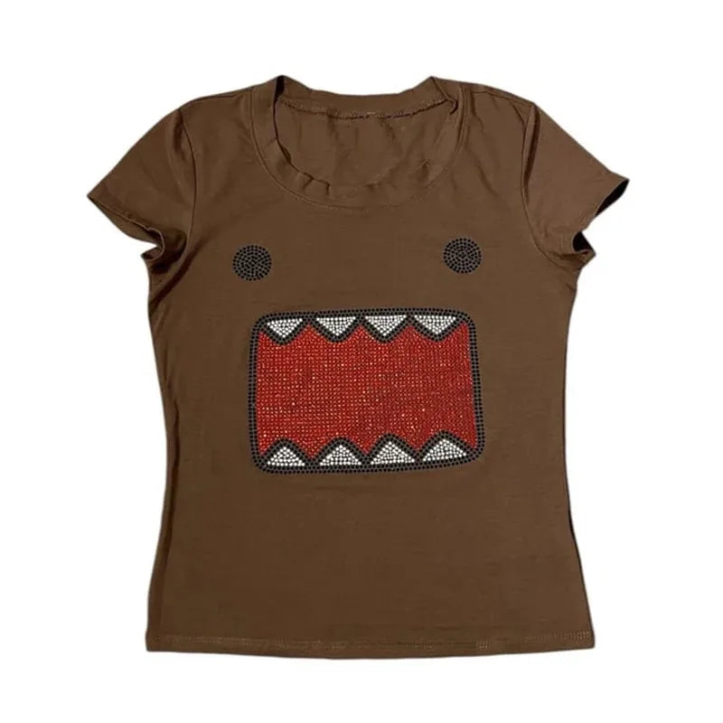Y2K Rhinestone Graphic T-Shirt - Retro Vintage Round Neck Summer Top for Women