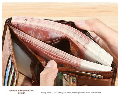 Genuine Leather Men’s Wallet – RFID Blocking Trifold, Vintage Thin ID & Credit Card Holder, Multi-Function Purse