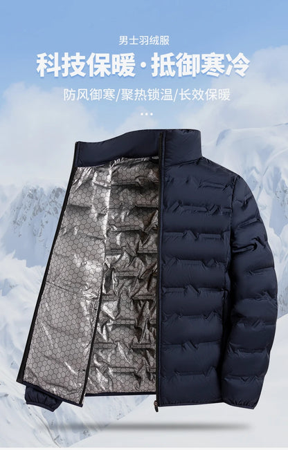 Graphene Self-Heating Down Jacket for Men – Solid Windproof, Pleated Stand Collar, Warm Winter Outerwear