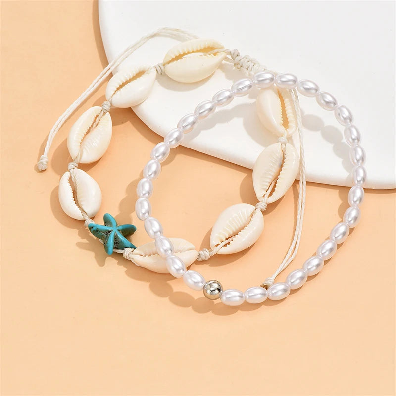 Bohemia Starfish Conch Shell Anklet – Double Heart Beaded Summer Beach Leg Chain Jewelry for Women Barefoot Sandal Accessory