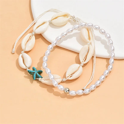 Bohemia Starfish Conch Shell Anklet – Double Heart Beaded Summer Beach Leg Chain Jewelry for Women Barefoot Sandal Accessory