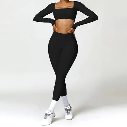 Hearuisavy 2PCS Long Sleeve Gym Set for Women, Quick-Drying Yoga Clothes, Sportswear, Running Leggings, Workout Sports Crop Top