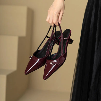 2024 Summer French Wine Red Pointed Patent Leather Mid-Heel Sandals for Women - Retro Skinny Heel