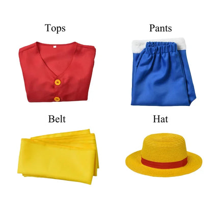 Monkey D. Luffy Halloween Cosplay Costume - Anime Straw Hat Pirate Outfit Set for Boys with Coat, Pants & Belt