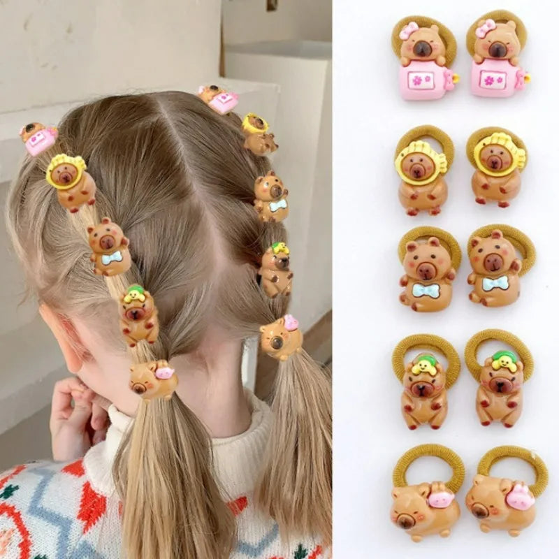 10/20PCS Cute Capybara Hair Ties for Kids - Resin Animal Elastic Hair Bands and Cartoon Hair Accessories for Girls