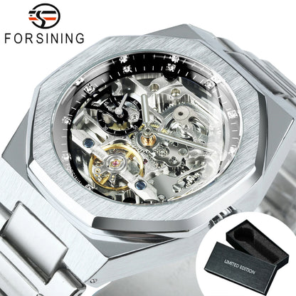 Forsining Men’s Automatic Mechanical Watch – Luminous Hands, Stainless Steel Strap, Luxury Skeleton Fashion Watch
