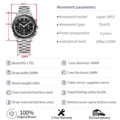 PAGANI DESIGN 2026 Men’s Luxury Quartz Chronograph Watch – AR Sapphire Crystal, Auto Date Speed Wristwatch
