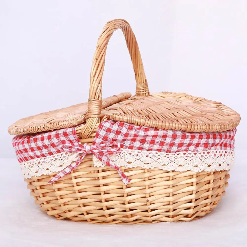 Handmade Wicker Picnic Basket with Handle – Multi-Purpose Willow Woven Storage Hamper for Outdoor Camping and Fruit