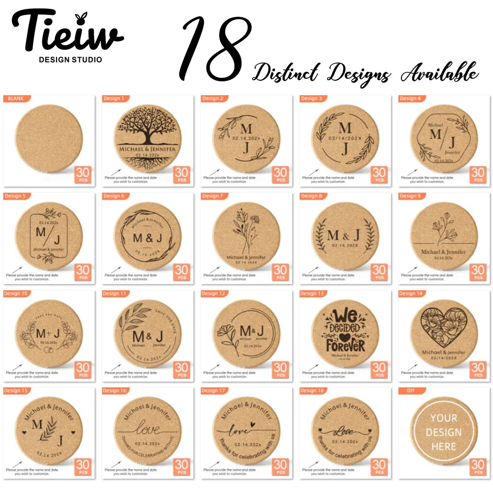30-Piece Personalized Cork Coaster Set - Custom Tie Design Wedding Favors, Bridal Shower Gifts and Corporate Party Keepsakes