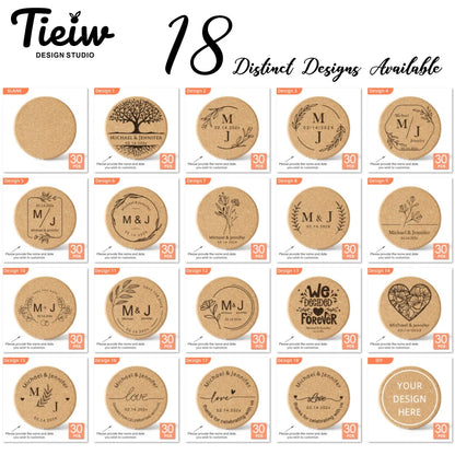 30-Piece Personalized Cork Coaster Set - Custom Tie Design Wedding Favors, Bridal Shower Gifts and Corporate Party Keepsakes