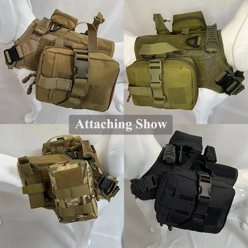 3Pcs Dog Tactical Harness Bags — 2 Pouch MOLLE Set & 1 Belt Bottle Holder for Military Training & Outdoor Use