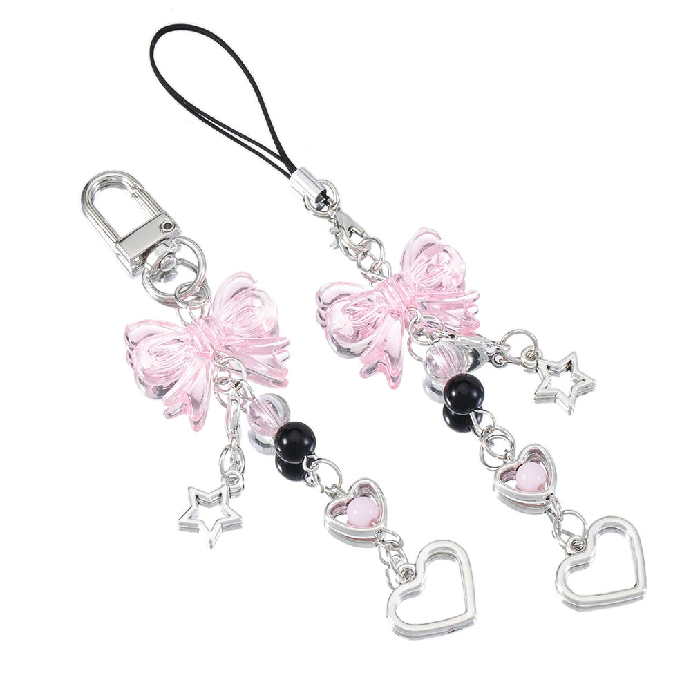 Y2K Bow Heart Star Phone Charm - Kawaii Goth Keychain Pendant for Bags & Cute Accessories