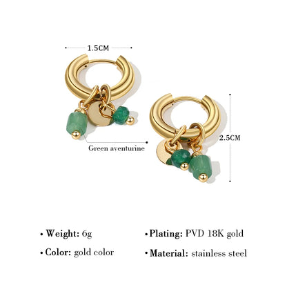 YACHAN 18K Gold-Plated Stainless Steel Hoop Earrings — Vintage Green Stone Charms, Trendy Waterproof Jewelry for Women