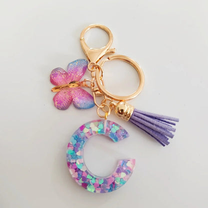 Butterfly Fringe Initial Keychain - Sequin A-Z Letter Bag Charm for Women, Students & Gifts