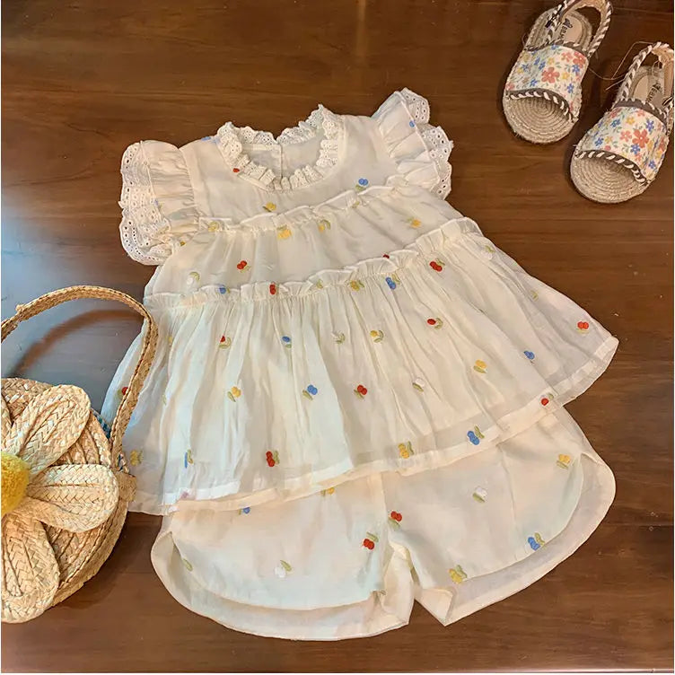 Children's Floral Embroidery Lace Set - Sleeveless Top & Shorts, 2-Piece Toddler Girl Clothes for 2-7 Years