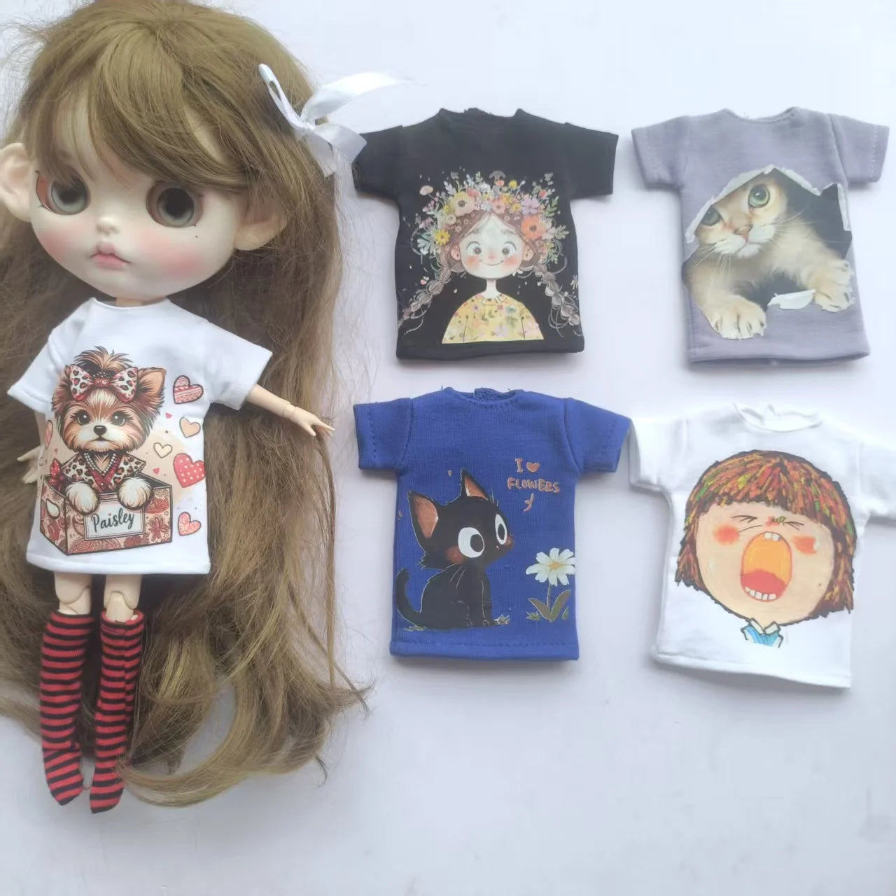 Handmade OB24 1/6 Blyth Doll Clothes – Cartoon T-Shirt with Striped Socks for 1/6 Doll Accessories