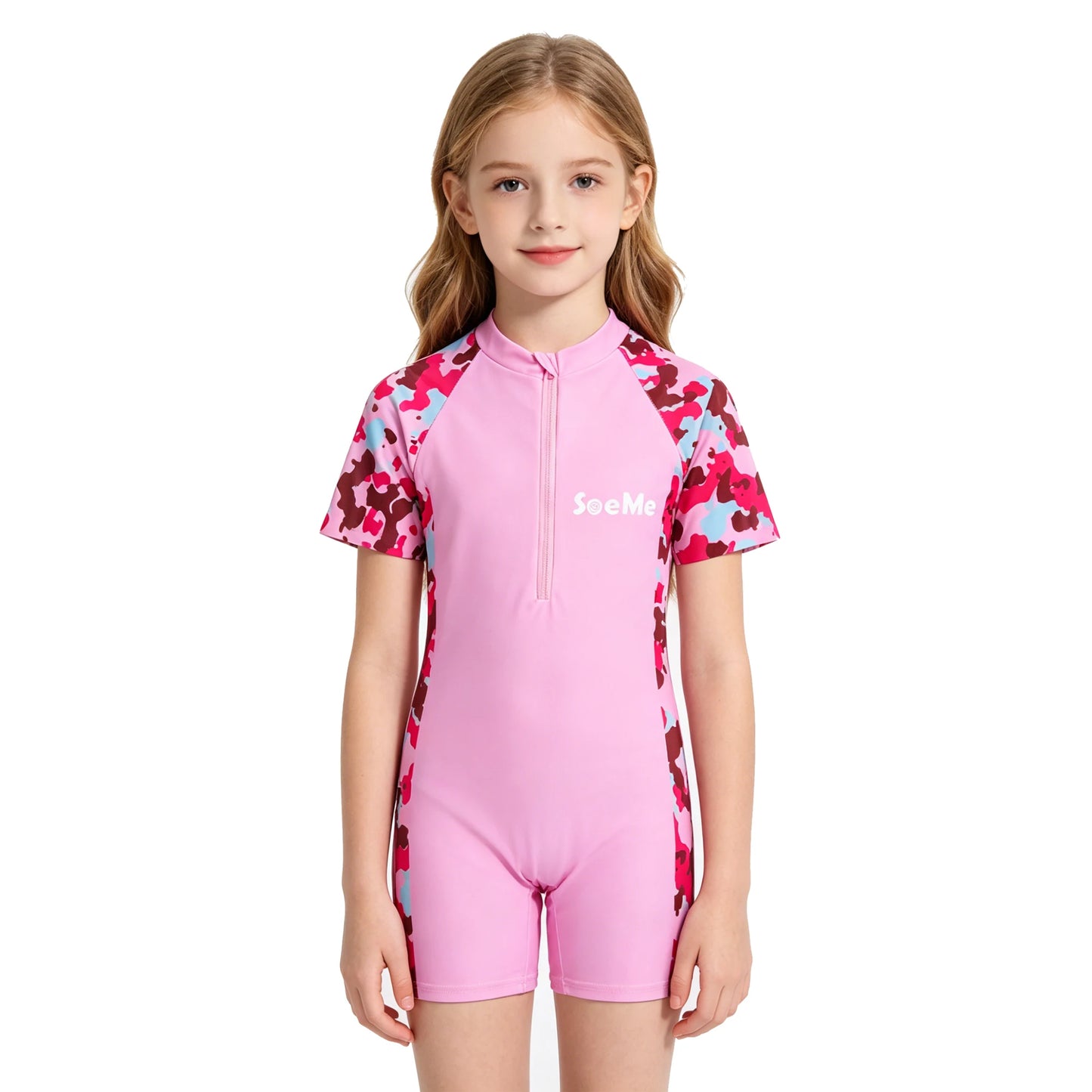 Girls' Pink One-Piece Swimsuit - Cute Short-Sleeve Kids Beach Swimwear for Ages 3–10