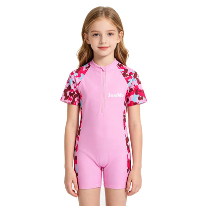 Girls' Pink One-Piece Swimsuit - Cute Short-Sleeve Kids Beach Swimwear for Ages 3–10