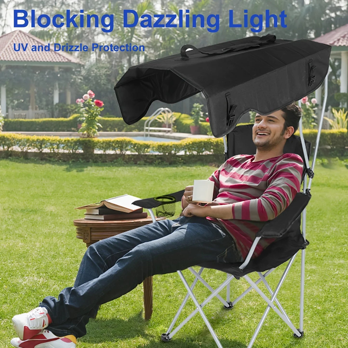 Canopy Lounge Chair with Sunshade – Portable Outdoor Camping & Hiking Chair with Holder, 1-Pack