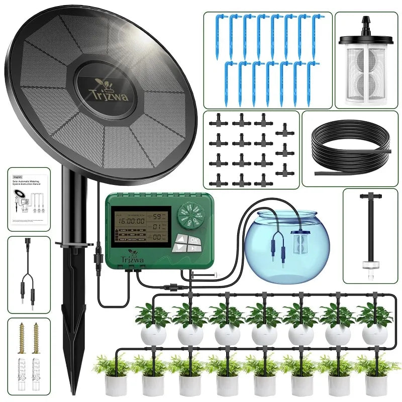 Solar Drip Irrigation Kit with Timer – 15M Hose Automatic Watering System for Greenhouse & Potted Plants