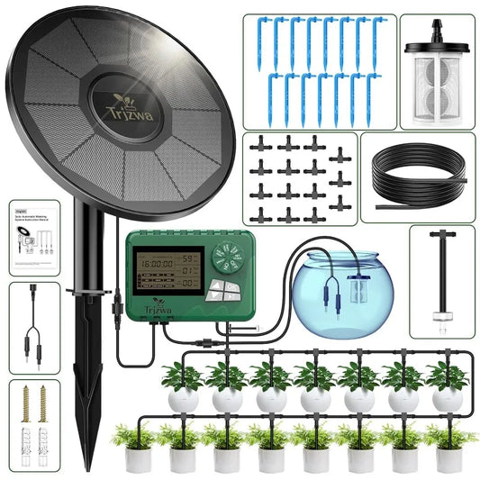Solar Drip Irrigation Kit with Timer – 15M Hose Automatic Watering System for Greenhouse & Potted Plants