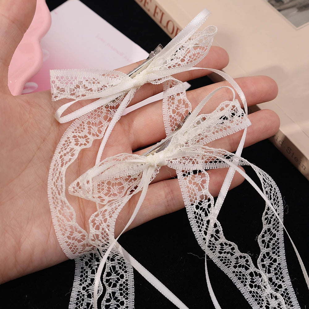 Korean Lace Cream White Bow Ribbon Hair Clip – Bullet Style Side Shredded Hairpin, Headpiece for Women, New Headwear