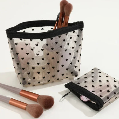 Nylon Mesh Heart-Shaped Cosmetic Bag — Zipper Toiletry & Makeup Organizer Pouch for Women, Multifunctional Lipstick, Key, and Coin Purse