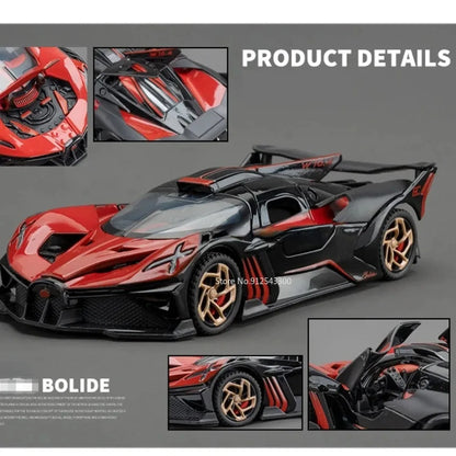 1/32 Bugatti Bolide Alloy Sports Car Model — Diecast Metal Vehicle with Sound & Light, Pull-Back Toy for Boys