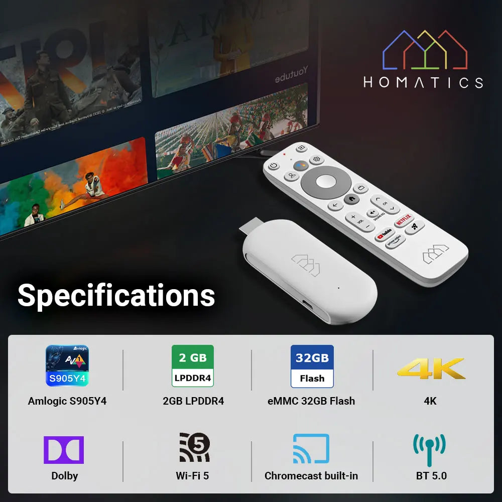 HOMATICS 4K TV Stick – Google Certified, Netflix, 2GB RAM, 32GB ROM, Dolby Atmos, Amlogic S905Y4, WiFi Streaming Box