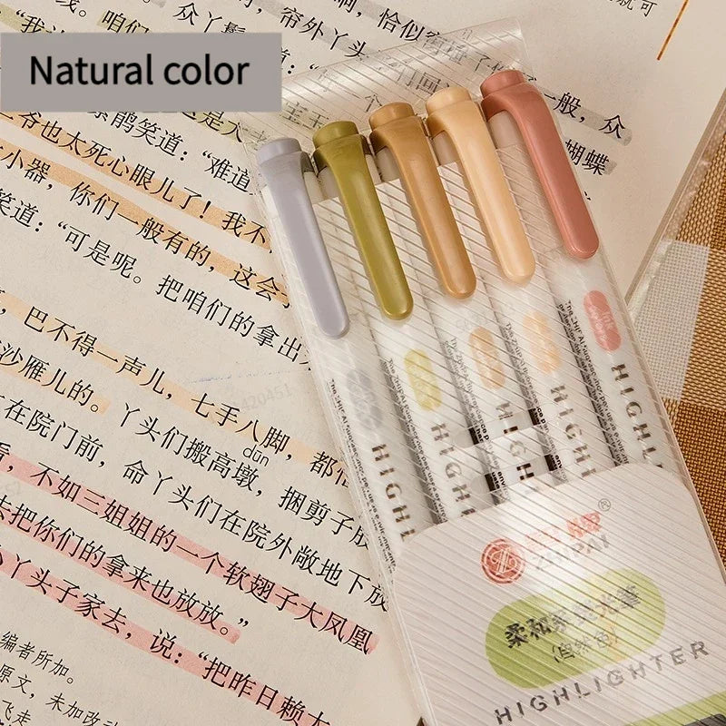 5-Color Double-Ended Highlighter Pen Set - Cute Pastel Fluorescent Markers for Drawing, Art, and Japanese-Style Stationery