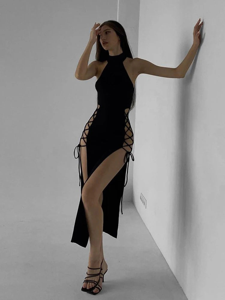 Gothic Dark Cosplay Dress – High Split Y2K Bandage Halter Slim Midi Black Grunge Partywear