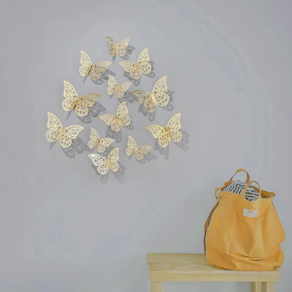 12PCS Metal-Inspired 3D Hollow Paper Butterfly Decorations – Party, Wedding, Birthday & Festival Wall Stickers