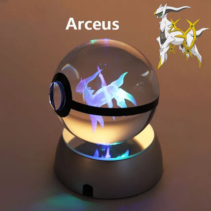 Anime Pokemon 3D Crystal Ball – Snorlax & Charizard Engraved Pokeball Figure with LED Light Base, Kids Gift