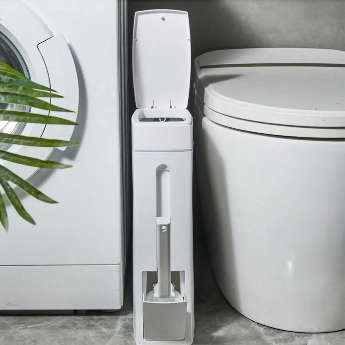 Bathroom Trash Can & Toilet Brush Combo - Space-Saving Slim Garbage Bin with Lid