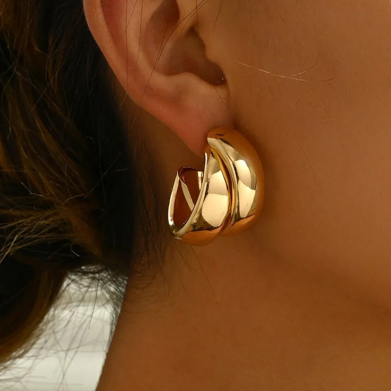 Gold Chunky Hoop Earrings for Women – Stainless Steel Double Ring Statement Jewelry