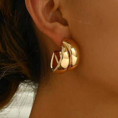 Gold Chunky Hoop Earrings for Women – Stainless Steel Double Ring Statement Jewelry