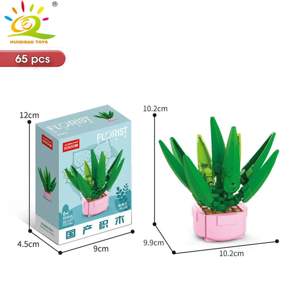 HUIQIBAO MOC Flower & Succulent Potted Building Block Set – DIY Eternal Bouquet, Home Desk Plant Decor, Girls & Kids Toy Gift