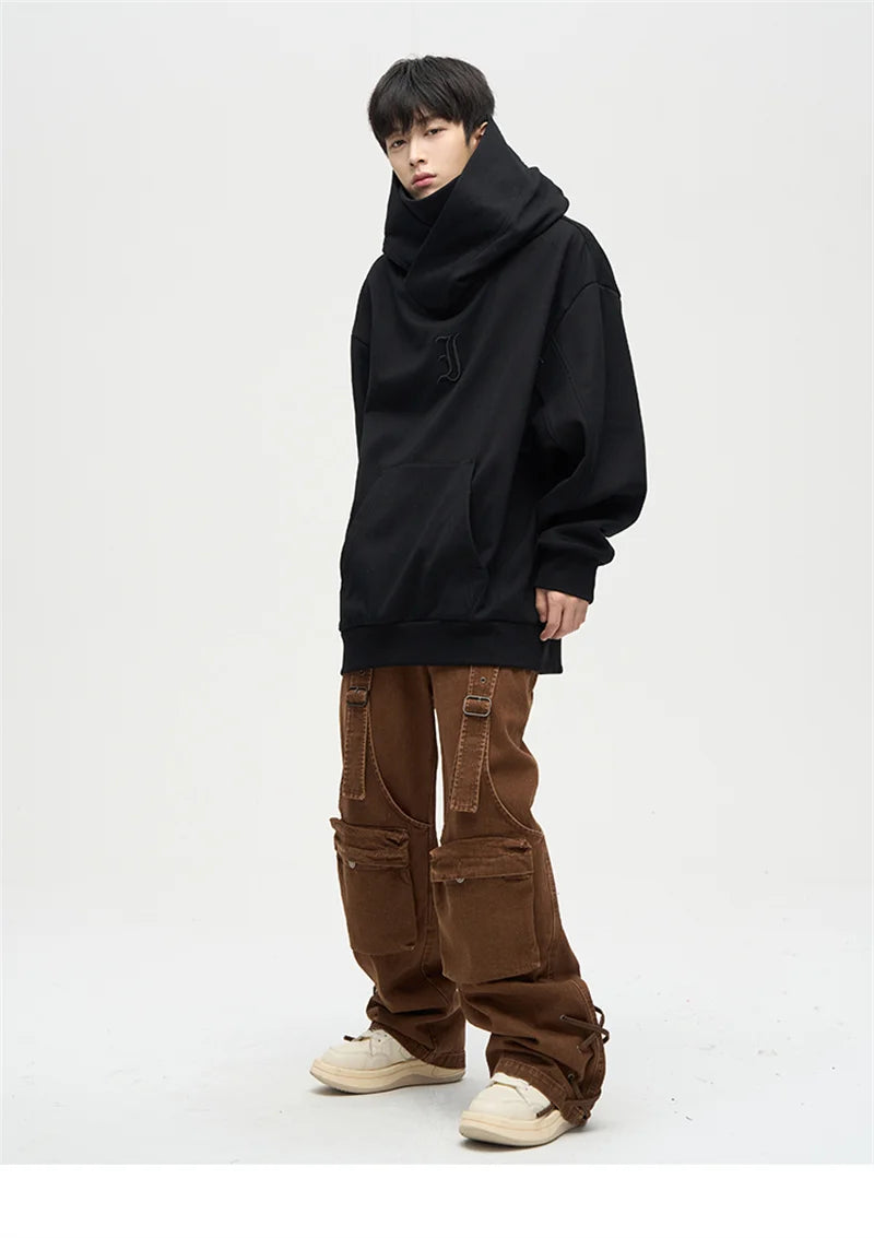 Autumn Ninja Streetwear Turtleneck Hoodie - Men's Embroidered Y2K Vintage Fleece Sweatshirt, Hip Hop Fashion