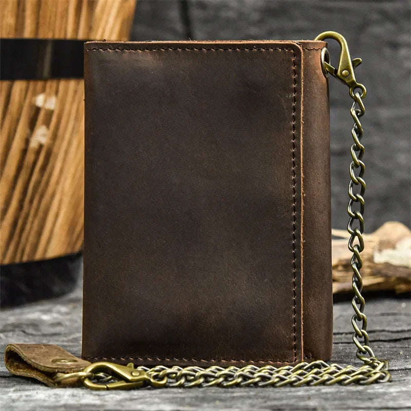Men's Genuine Leather Short Wallet with Chain – Zipper Clutch, Trifold Purse, Card Holder & Coin Purse for Men